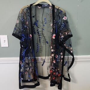 Highness Sheer Black Kimono with Floral Embroidery